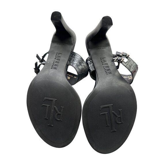 Lauren Ralph Lauren Black Leather Sandals Slip On GALAN Croc-Embossed Straps 8 - Picture 8 of 9